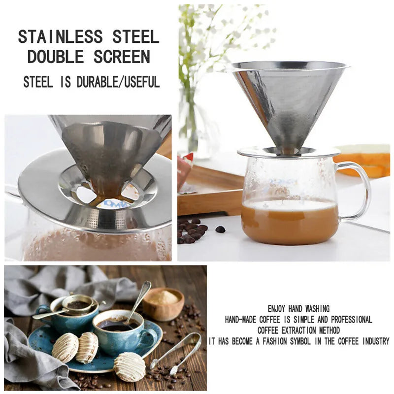 Reusable Coffee Filter Tea Strainer Stainless Steel Cone Coffee Filter Baskets Mesh Strainer Coffee Dripper With Stand Holder