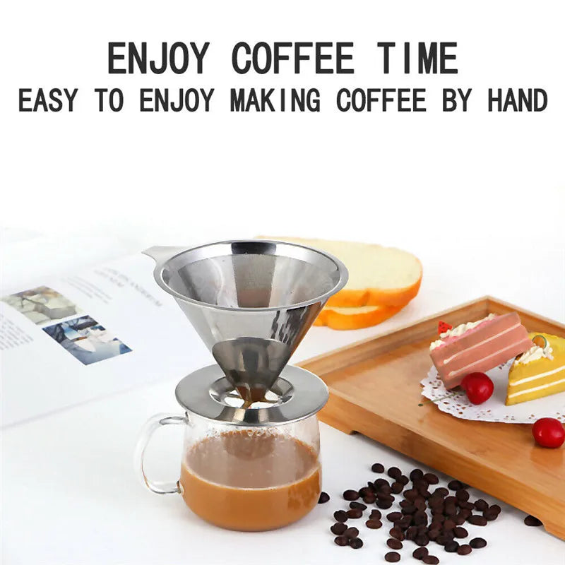 Reusable Coffee Filter Tea Strainer Stainless Steel Cone Coffee Filter Baskets Mesh Strainer Coffee Dripper With Stand Holder