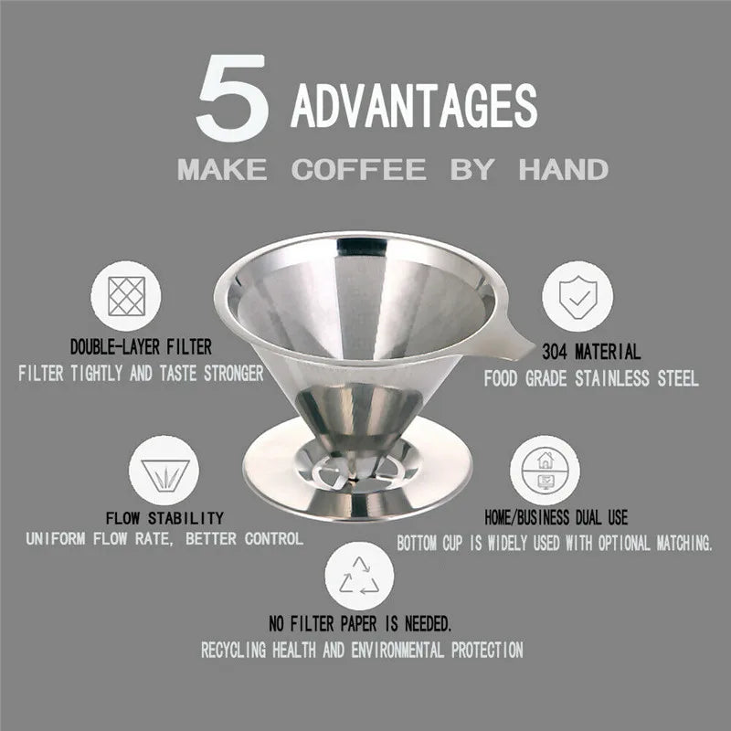 Reusable Coffee Filter Tea Strainer Stainless Steel Cone Coffee Filter Baskets Mesh Strainer Coffee Dripper With Stand Holder